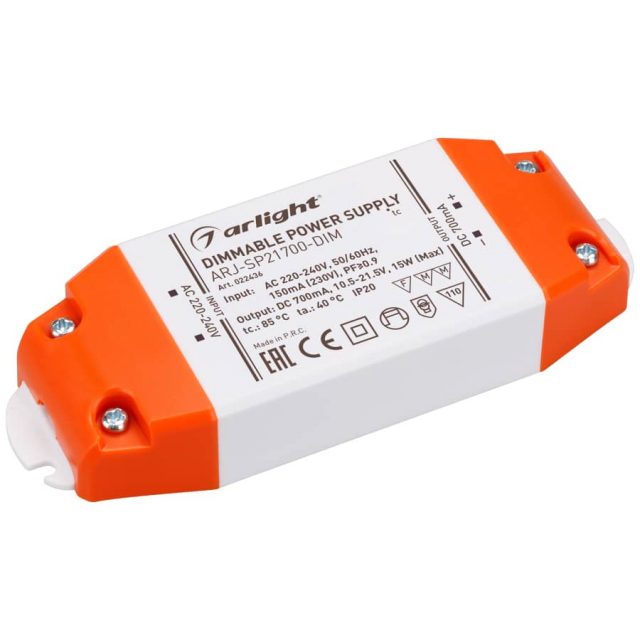 Блок питания ARJ-SP21700-DIM (15W, 700mA, PFC, Triac) (ARL, IP20 Пластик, 3 года)