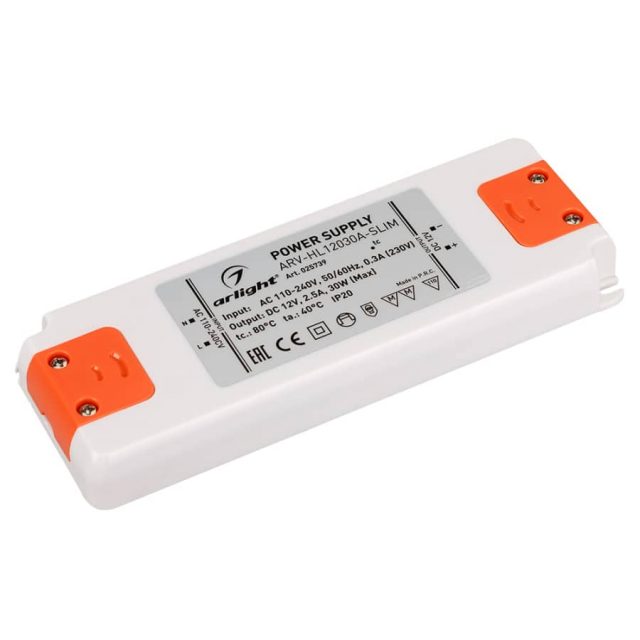 Блок питания ARV-HL12030A-Slim (12V, 2.5A, 30W) (ARL, IP20 Пластик, 3 года)