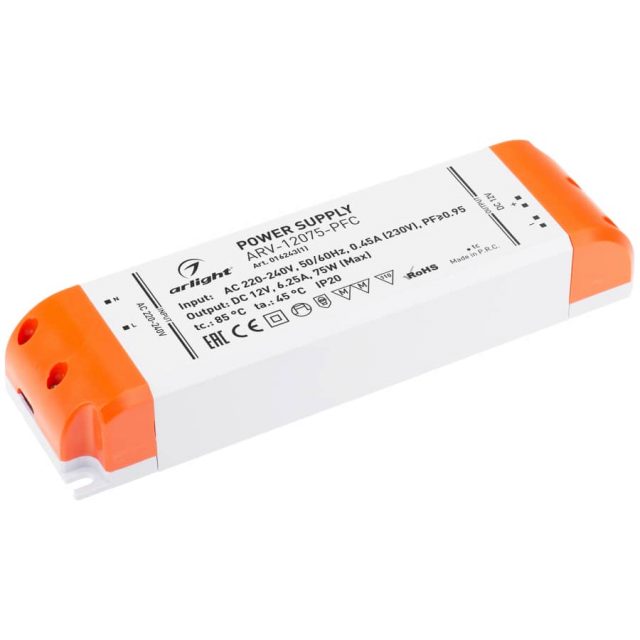 Блок питания ARV-12075-PFC (12V, 6.25A, 75W) (ARL, IP20 Пластик, 2 года)