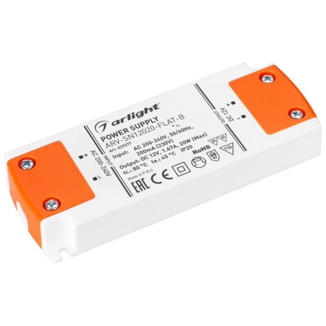 Блок питания ARV-SN12020-FLAT-B (12V, 1.67A, 20W) (ARL, IP20 Пластик, 3 года)