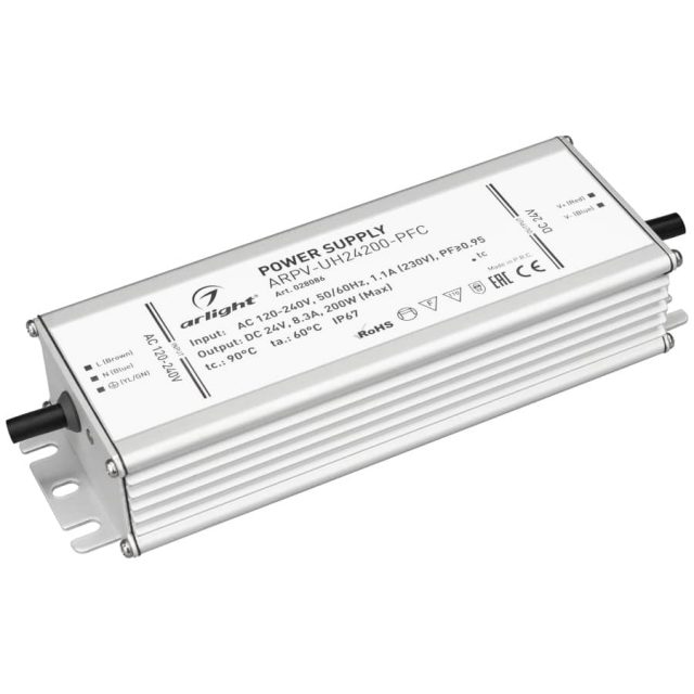 Блок питания ARPV-UH24200-PFC (24V, 8.3A, 200W) (ARL, IP67 Металл, 7 лет)