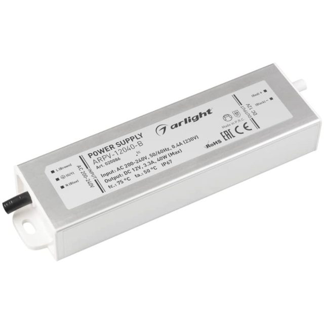 Блок питания ARPV-12040-B (12V, 3.3A, 40W) (ARL, IP67 Металл, 3 года)