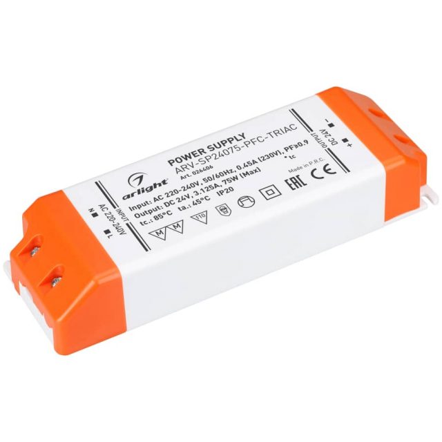 Блок питания ARV-SP24075-PFC-TRIAC (24V, 3.1A, 75W) (ARL, IP20 Пластик, 3 года)