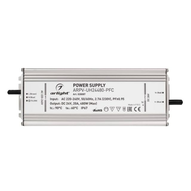 Блок питания ARPV-UH24480-PFC (24V, 20A, 480W) (ARL, IP67 Металл, 7 лет)