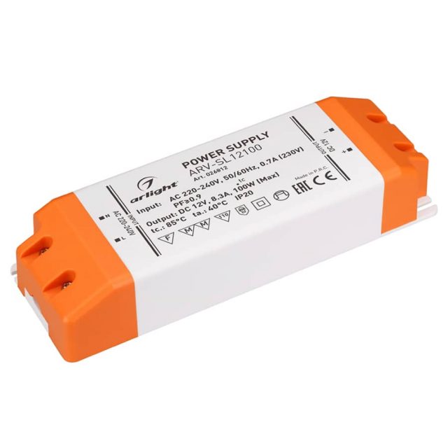 Блок питания ARV-SL12100 (12V, 8.3A, 100W, PFC) (ARL, IP20 Пластик, 3 года)