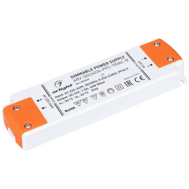 Блок питания ARV-SN24036-PFC-TRIAC-B (24V, 1.5A, 36W) (ARL, IP20 Пластик, 3 года)