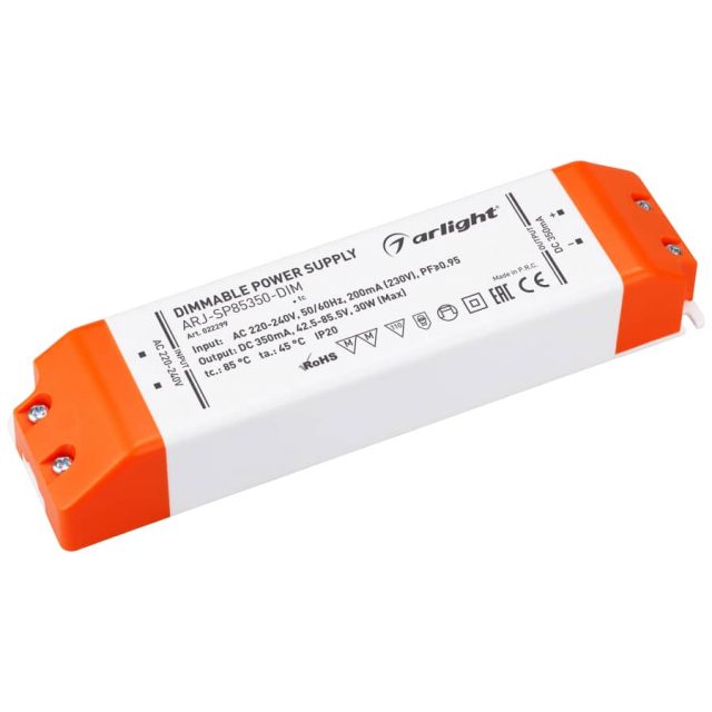 Блок питания ARJ-SP85350-DIM (30W, 350mA, PFC, Triac) (ARL, IP20 Пластик, 3 года)