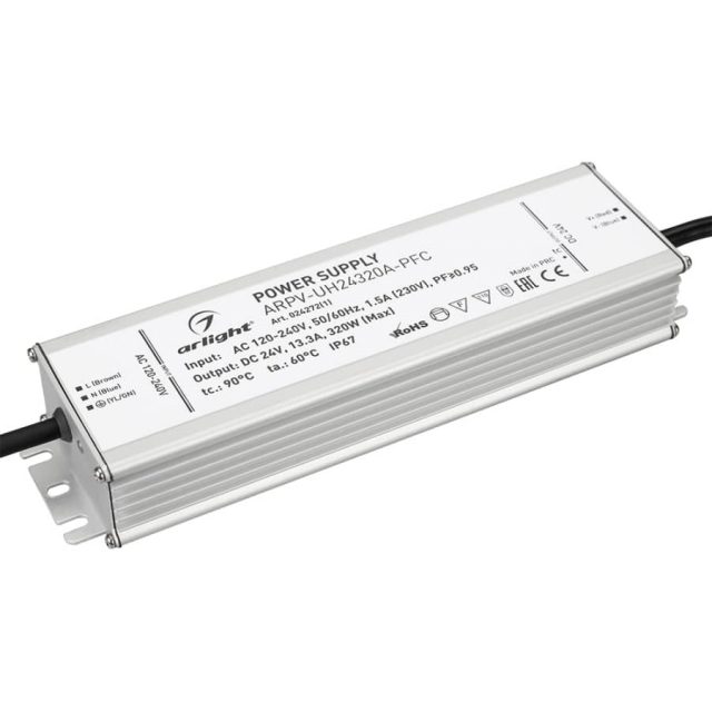 Блок питания ARPV-UH24320A-PFC (24V, 13.3A, 320W) (ARL, IP67 Металл, 7 лет)