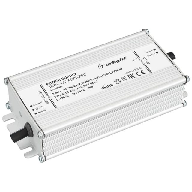 Блок питания ARPV-LG24075-PFC (24V, 3.1A, 75W) (ARL, IP67 Металл, 5 лет)