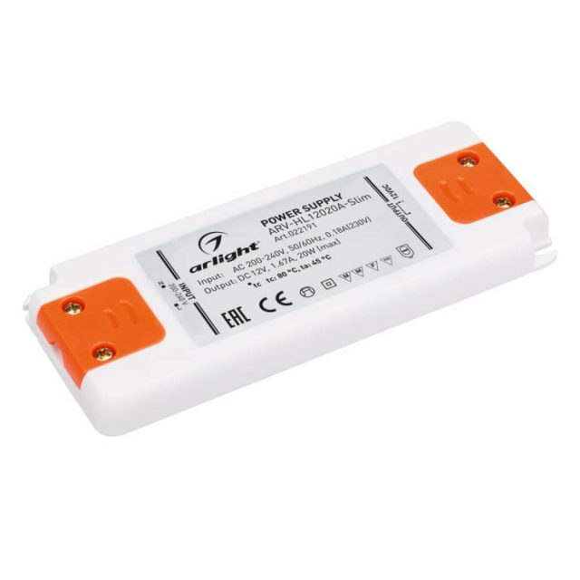 Блок питания ARV-HL12020A-Slim (12V, 1.67A, 20W) (ARL, IP20 Пластик, 3 года)