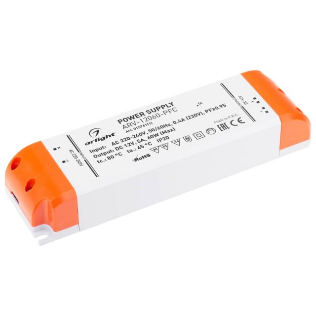 Блок питания ARV-12060-PFC (12V, 5A, 60W) (ARL, IP20 Пластик, 2 года)