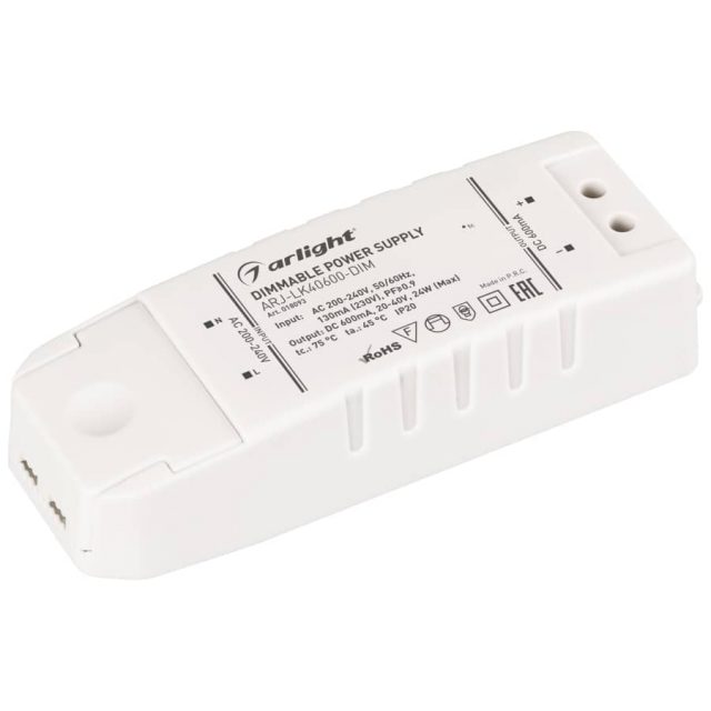 Блок питания ARJ-LK40600-DIM (24W, 600mA, PFC, Triac) (ARL, IP20 Пластик, 2 года)