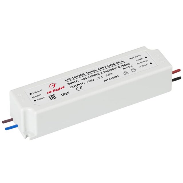 Блок питания ARPV-LV24060-A (24V, 2.5A, 60W) (ARL, IP67 Пластик, 3 года)