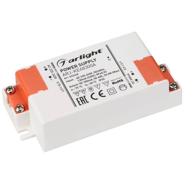 Блок питания ARJ-KE68300A (20W, 300mA, PFC) (ARL, IP20 Пластик, 5 лет)