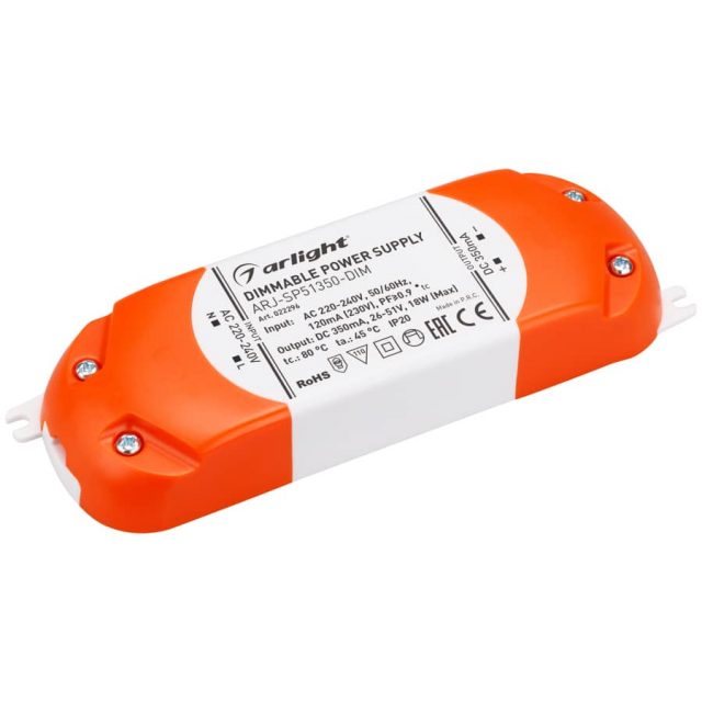 Блок питания ARJ-SP51350-DIM (18W, 350mA, PFC, Triac) (ARL, IP20 Пластик, 3 года)