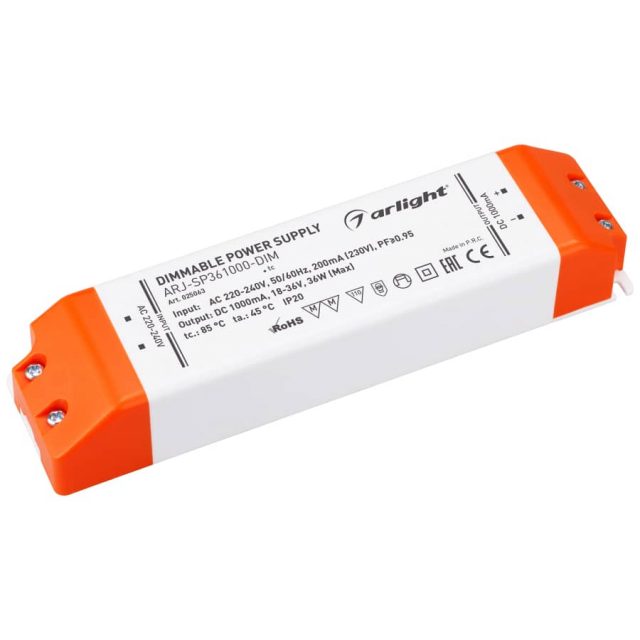 Блок питания ARJ-SP361000-DIM (36W, 1000mA, PFC, Triac) (ARL, IP20 Пластик, 3 года)