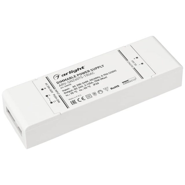 Блок питания ARV-SN24075-TRIAC (24V, 3.125A, 75W) (ARL, IP20 Пластик, 3 года)