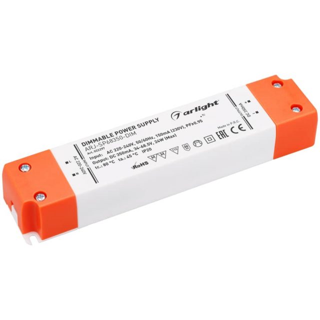 Блок питания ARJ-SP68350-DIM (24W, 350mA, PFC, Triac) (ARL, IP20 Пластик, 3 года)